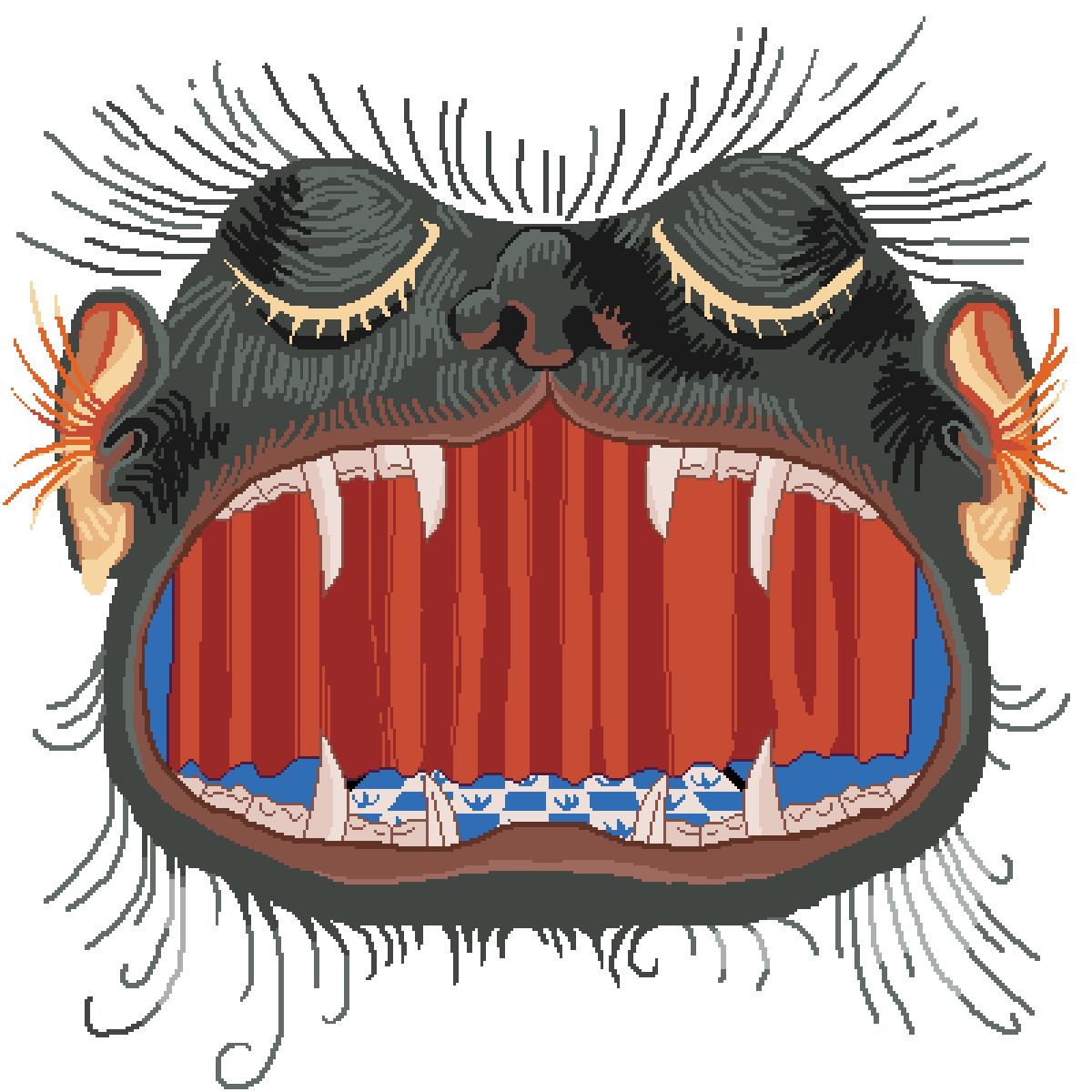 Giant freaky cat with hairy medieval creature eating man while fire roars behind them